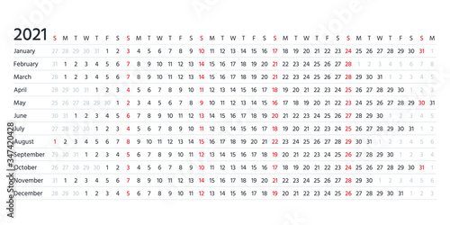 Calendar linear for 2021 year. Vector. Yearly calender planner. Schedule template with months. Week starts Sunday. Horizontal, landscape orientation, english. Agenda organizer. Simple illustration.