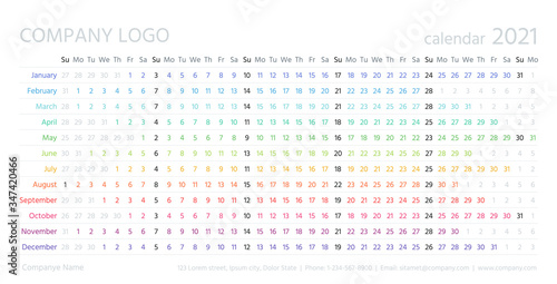 Calendar linear, 2021 year. Vector. Yearly calender planner. Schedule template with months. Week starts Sunday. Horizontal, landscape orientation, english. Agenda organizer. Simple color illustration.