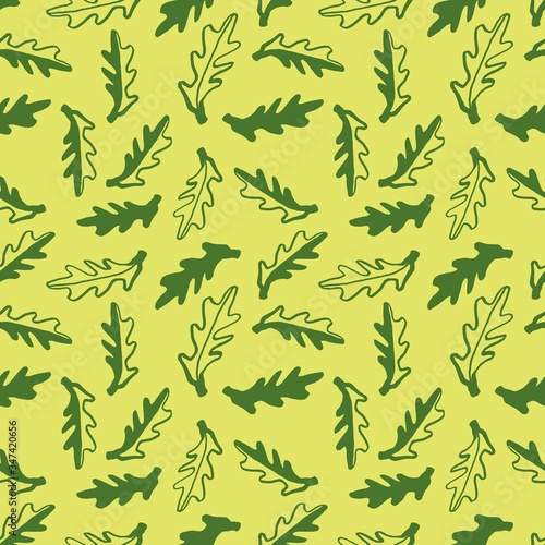 Seamless pattern with green arugula isolated. Vector simple cartoon illustration. Design wallpaper, wrapping paper, textile, fabric, menu restaurant.