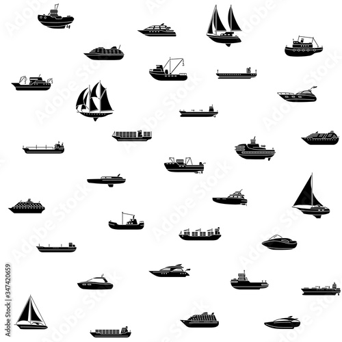Seamless background of ships and boats. Barge and cargo ship, tanker, sailing vessel, cruise liner, tugboat, fishing and speed boat. Vector illustration