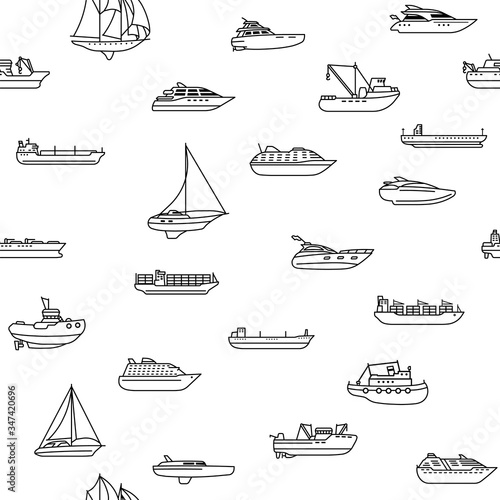 Seamless background of ships and boats. Barge and cargo ship, tanker, sailing vessel, cruise liner, tugboat, fishing and speed boat. Vector illustration