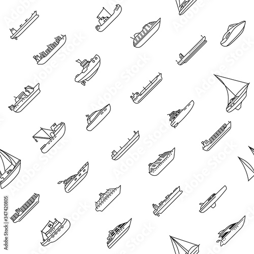 Seamless background of ships and boats. Barge and cargo ship, tanker, sailing vessel, cruise liner, tugboat, fishing and speed boat. Vector illustration