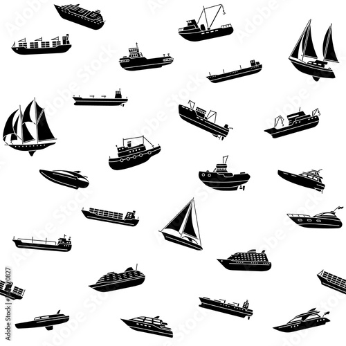Seamless background of ships and boats. Barge and cargo ship, tanker, sailing vessel, cruise liner, tugboat, fishing and speed boat. Vector illustration