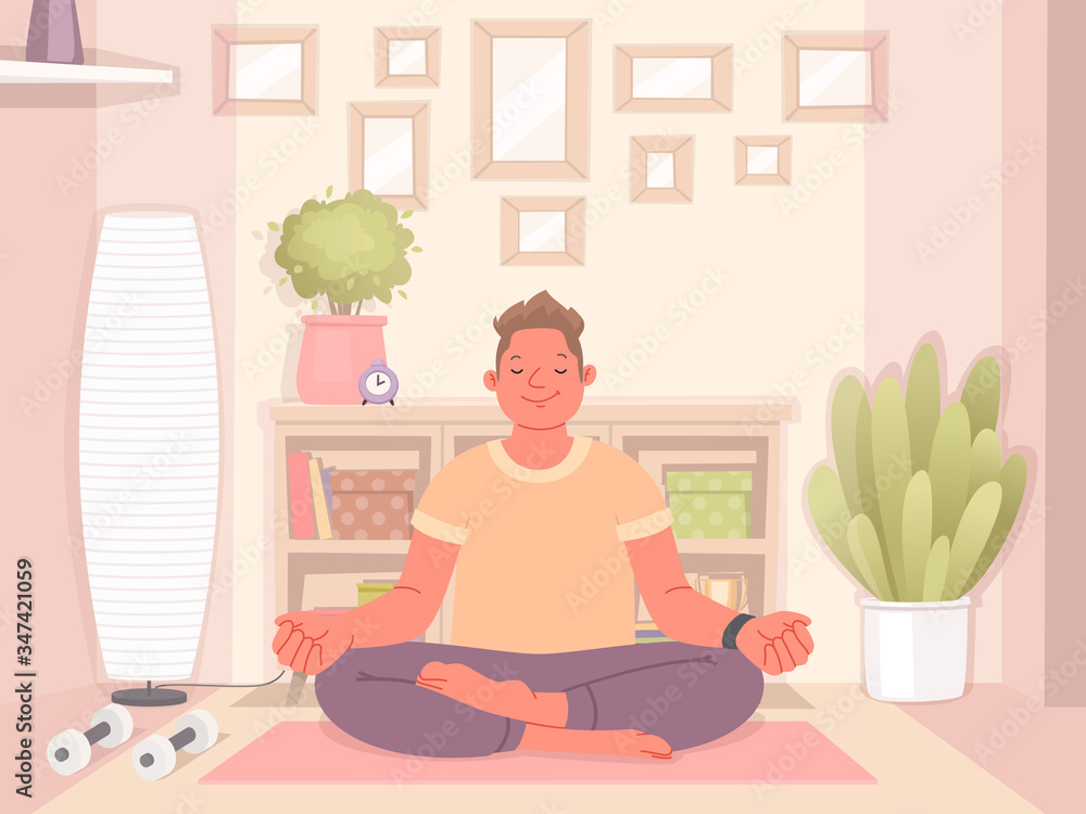 Happy man doing yoga at home. Meditation and healthy lifestyle during quarantine Happy man doing yoga at home. Meditation and healthy lifestyle during quarantine