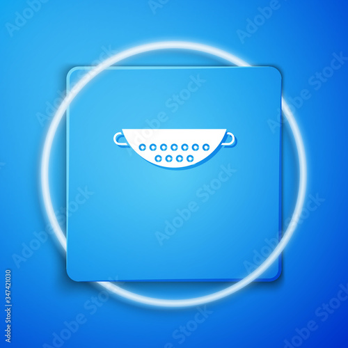 White Kitchen colander icon isolated on blue background. Cooking utensil. Cutlery sign. Blue square button. Vector Illustration