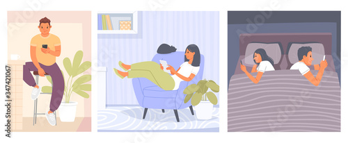 Internet addiction. People at home use gadgets. A man reading news on the phone  a woman with a tablet  a couple lying in bed and looking at their devices
