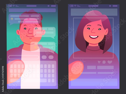 People looking at their smartphones. The view from the phone screen when a man and a woman use the gadget