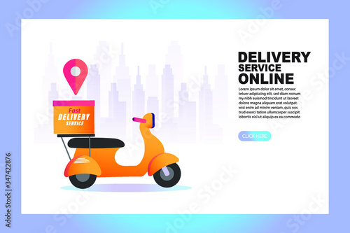E-commerce concept. Online food or pizza order. Delivery Scooter on City Background. Flat Vector Illustration. 