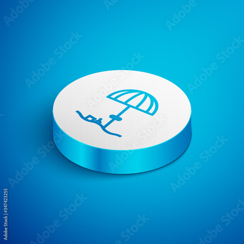 Isometric line Sun protective umbrella for beach icon isolated on blue background. Large parasol for outdoor space. Beach umbrella. White circle button. Vector Illustration