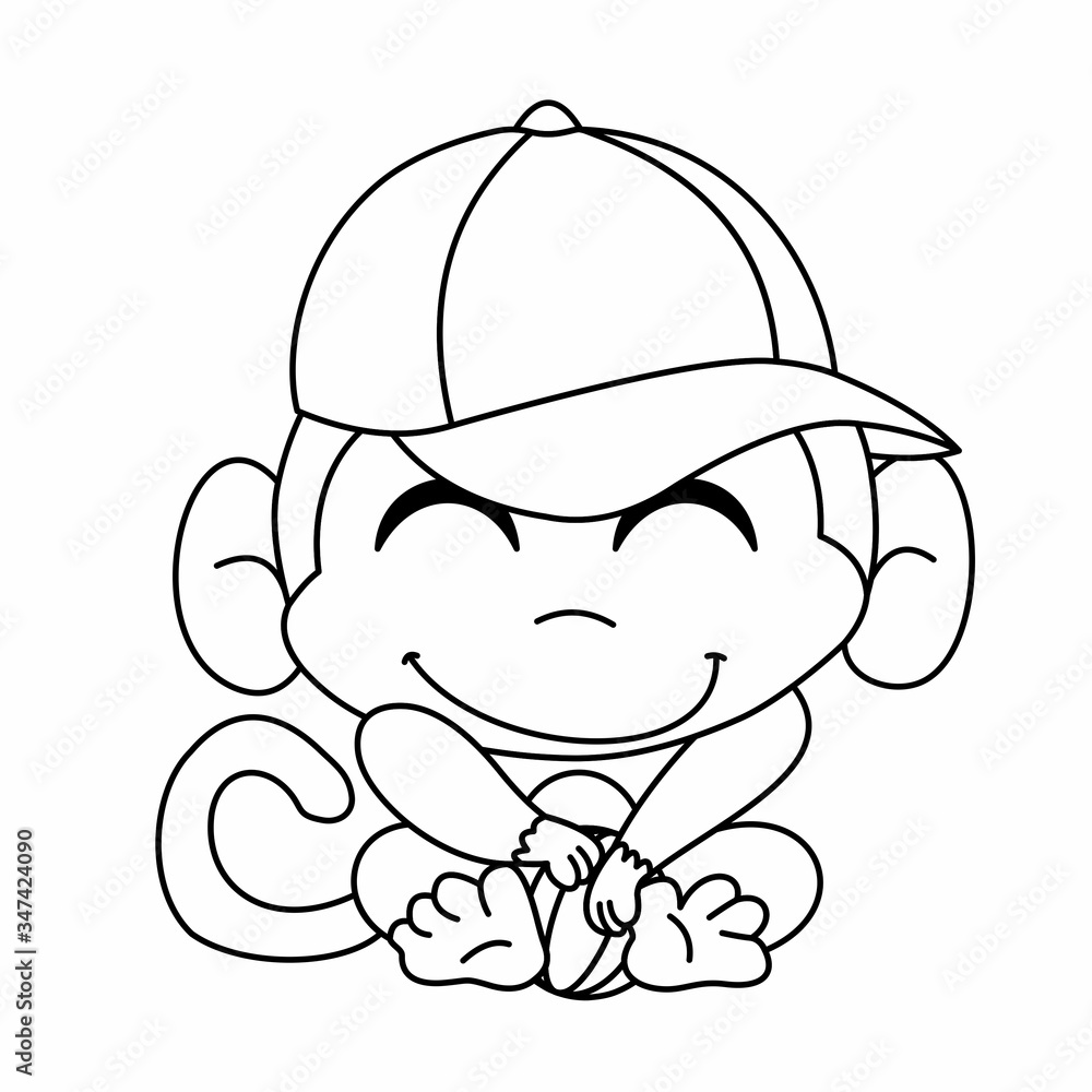 Coloring of Monkey Wears a Hat and Closes his Eyes Cartoon, Cute Funny Character, Flat Design Coloring of Monkey Wears a Hat and Closes his Eyes Cartoon, Cute Funny Character, Flat Design