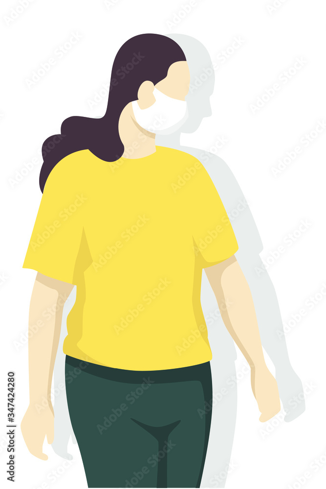 Fototapeta premium Woman is wearing face mask for virus protection, air pollution, contaminated air, world pollution. Modern flat vector illustration.