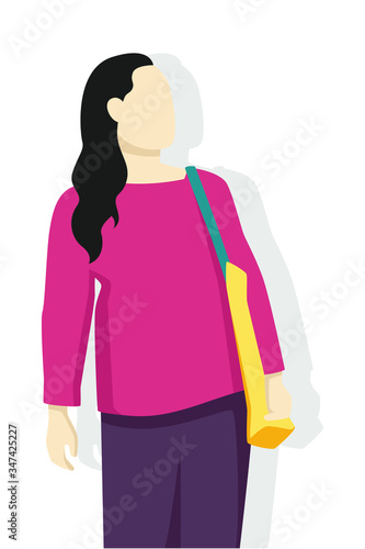 Woman in modern style vector illustration, simple flat shadow isolated on white background.
