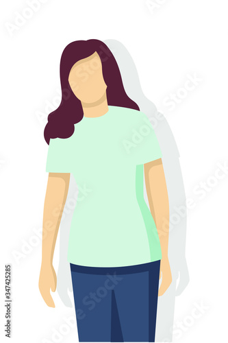 Woman in modern style vector illustration, simple flat shadow isolated on white background.