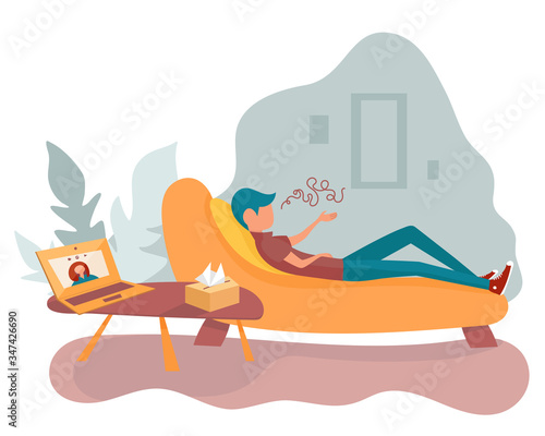 Client lying and talking on couch at home while psychologist online session. Vector illustration. Man talks his problems to therapist through a video call. Concept of social distancing, quarantine or 