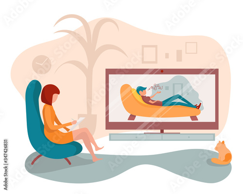 couch at home while psychologist online session. Woman therapist making notes through a video call. Concept of social distancing, quarantine or working online