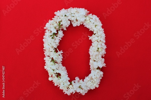 Obraz na płótnie Letter O made from flowers of white lilac on a red background. Flowers composition. Flat lay. Letter O made of white flowers. Spring concept. Floral letters of the alphabet for design and decorati w salonie