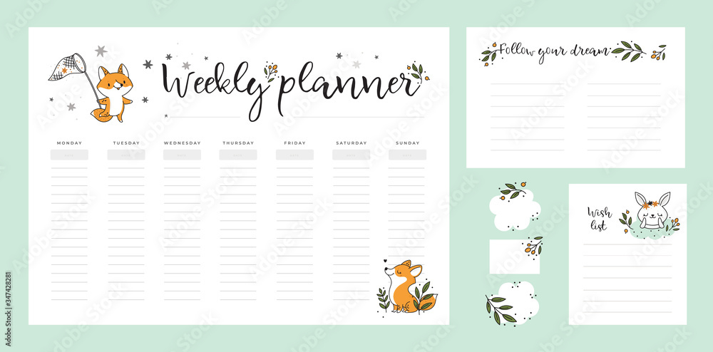 Wish list template, weekly planner page with cute baby fox and bunny animals in doodle cartoon style. Set of stationery digital prints. Follow your dreams. Flat lay, organizer mock up. Pastel colors