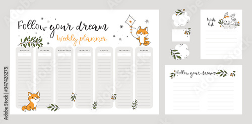 Wish list template, weekly planner page with cute baby fox and bunny animals in doodle cartoon style. Pastel colors. Set of stationery digital prints. Follow your dreams. Flat lay, organizer mock up
