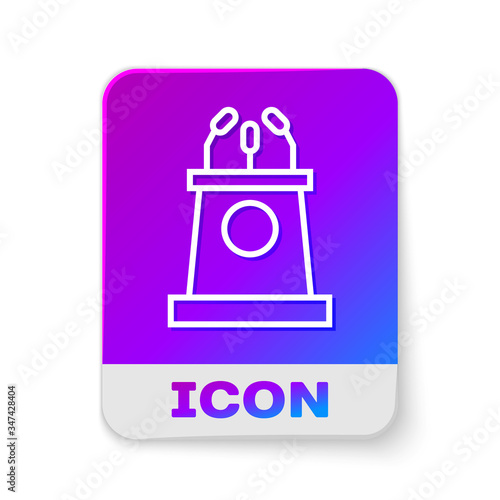 White line Stage stand or debate podium rostrum icon isolated on white background. Conference speech tribune. Rectangle color button. Vector Illustration