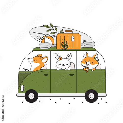 Cartoon fox and bunny go to travel, adventure. Self-guided journey with friends. Childish print with cute baby animals in motorhome bus going to summer holiday.  Vector illustration isolated on white