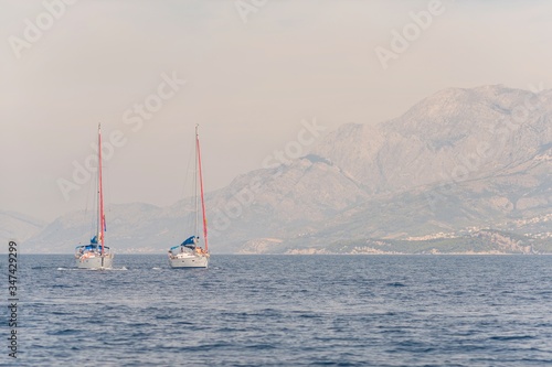 Sailing on adriatic sea Korcula Makarska Korcula Croatia. Yacht in marina, sailing in Croatia.
