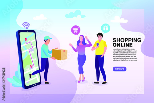 business people with social network. Happy woman waiting her package can use for, landing page, template, ui, web, mobile app, Online fast delivery services with map navigation on phone concept.