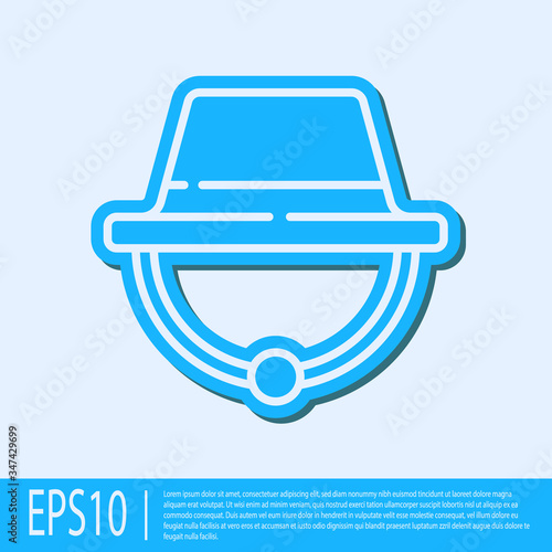 Blue line Camping hat icon isolated on grey background. Beach hat panama. Explorer travelers hat for hunting, hiking, tourism.  Vector Illustration