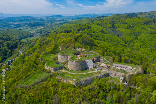 Srebrna Gora fortress with beautiful panorama of Sudety mountains aerial view. Poland. photo