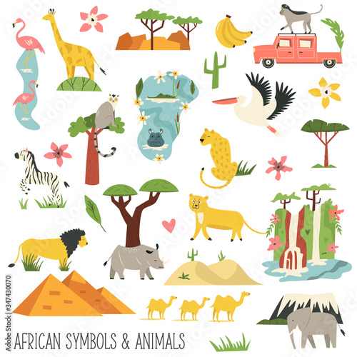Set of African animals and famous natural objects