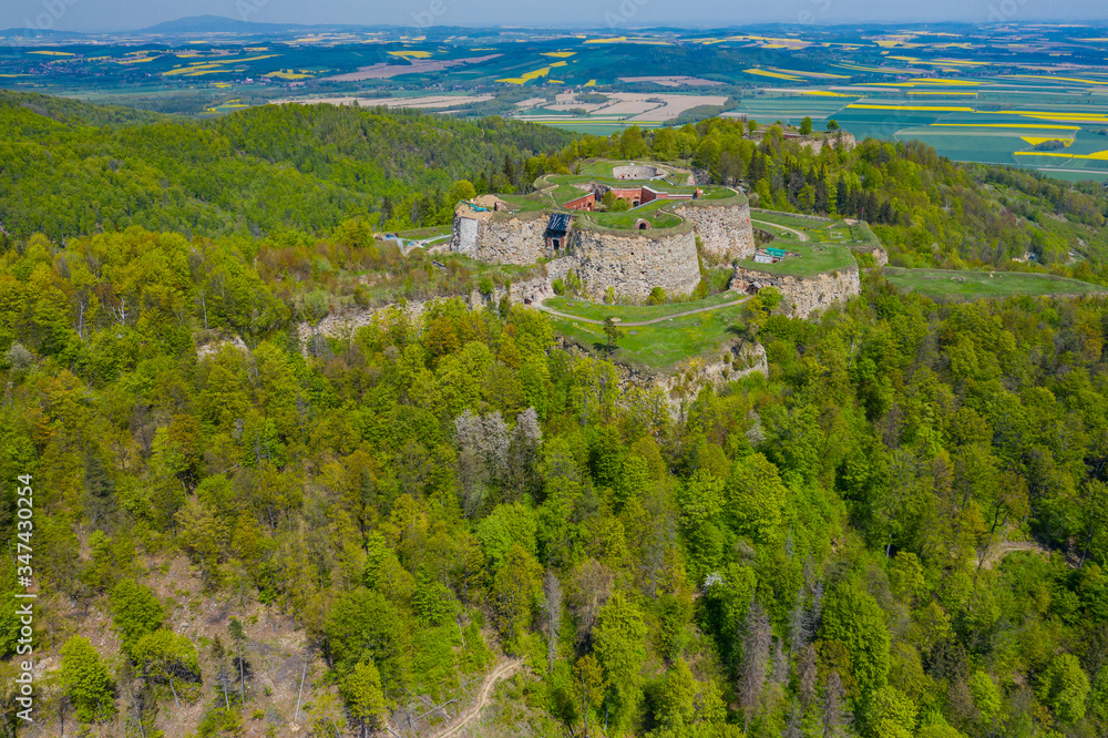 Srebrna Gora fortress with beautiful panorama of Sudety mountains aerial view. Poland.