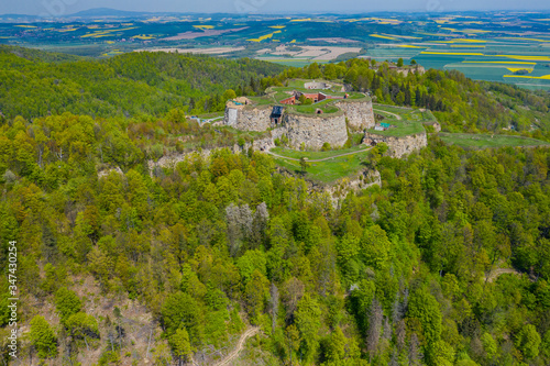 Srebrna Gora fortress with beautiful panorama of Sudety mountains aerial view. Poland.