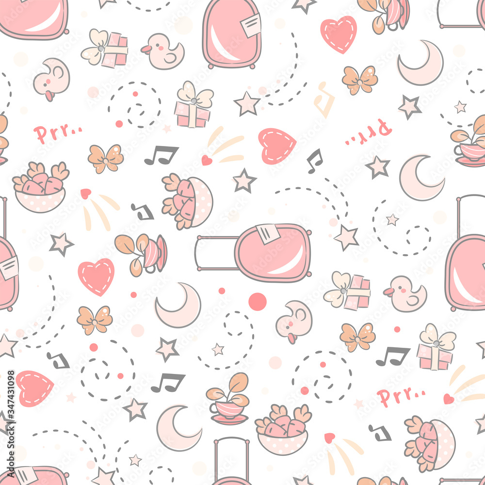 Vector cartoon seamless pattern. Kawaii abstract background, texture with kids cartoon elements. Grey and pink color palette Vector cartoon seamless pattern. Kawaii abstract background, texture with kids cartoon elements. Grey and pink color palette