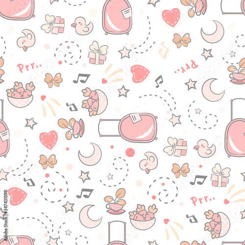 Vector cartoon seamless pattern. Kawaii abstract background, texture with kids cartoon elements. Grey and pink color palette