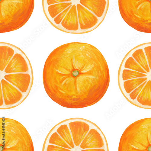 Realistic orange gouache paint drawing. Orange and sliced orange ring isolated on a white background raster illustration in realistic style. Square seamless citrus print with orange citrus