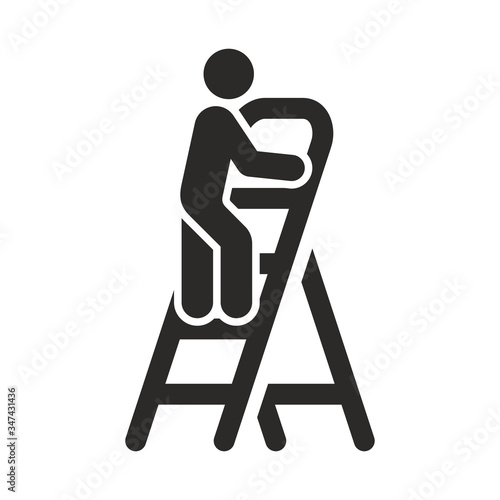 Ladder icon. Man climbing ladder. Vector icon isolated on white background.