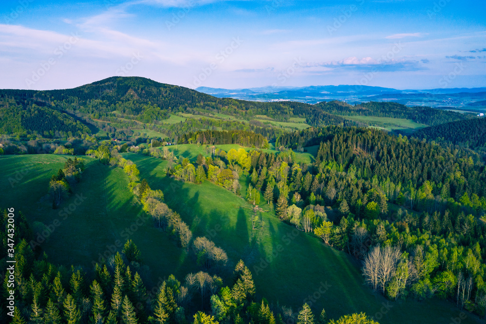Rudawy Janowickie Landscape Park Aerial View. Mountain range in Sudetes in Poland view with green forests and landscape. Rudawy Janowickie Landscape Park Aerial View. Mountain range in Sudetes in Poland view with green forests and landscape.