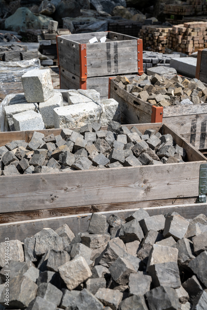 detail view of cobblestone stones prepared for delivery to construction site