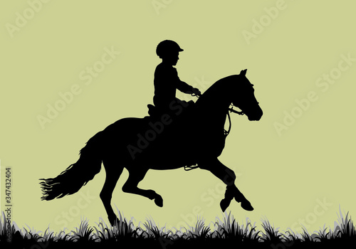  little girl rides a Welsh pony  children s equestrian sport  isolated black silhouette on a colored background