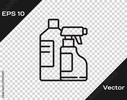 Black line Plastic bottles for laundry detergent, bleach, dishwashing liquid or another cleaning agent icon isolated on transparent background.  Vector Illustration