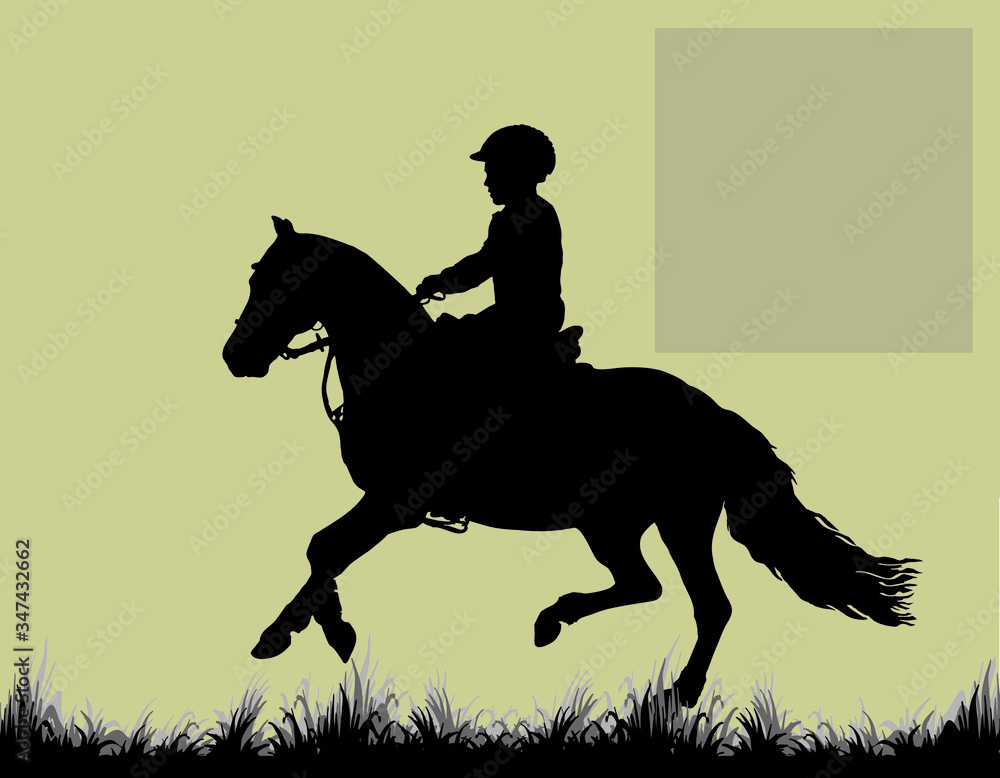 little girl rides a Welsh pony, children's equestrian sport, isolated black silhouette on a colored background little girl rides a Welsh pony, children's equestrian sport, isolated black silhouette on a colored background