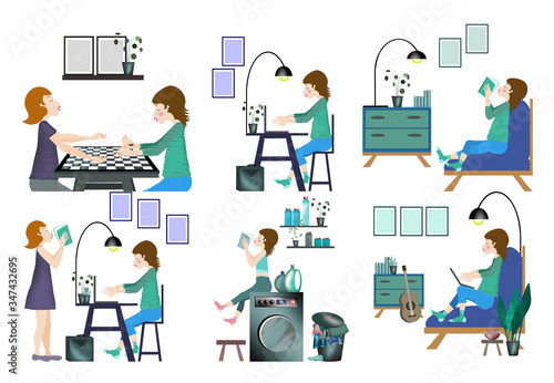  Illustration, six scenes of life, girl character, homework help, reading a book, working at home, helping mom, doing computer at home, playing together, white background, blue and green color