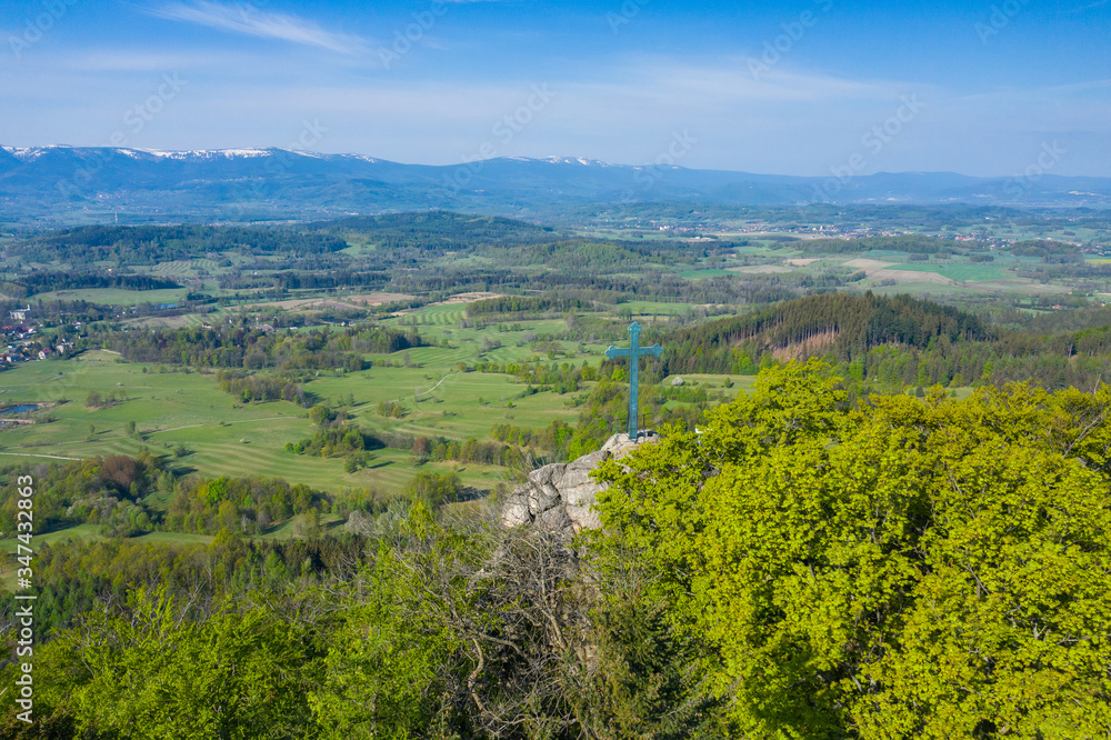 Rudawy Janowickie Landscape Park Aerial View. Krzyzna Gora. Mountain range in Sudetes in Poland view with green forests and landscape.