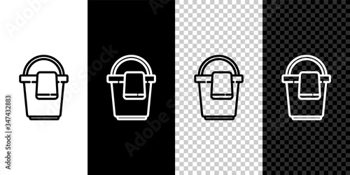 Set line Bucket with rag icon isolated on black and white background. Cleaning service concept.  Vector Illustration