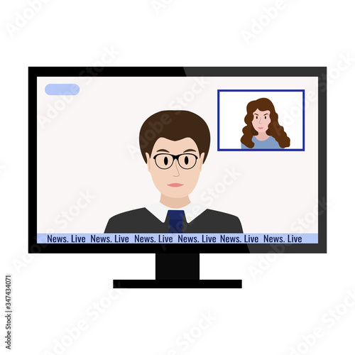 Show news on TV. Live with correspondents. Vector illustration of a tv