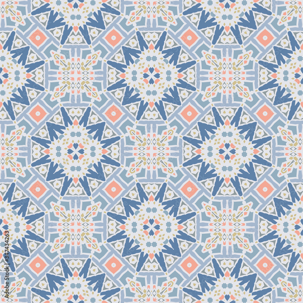 Style bright color seamless mandala pattern in blue  for decoration, paper wallpaper, tiles, textiles, neckerchief, pillows. Home decor, interior design, cloth design.