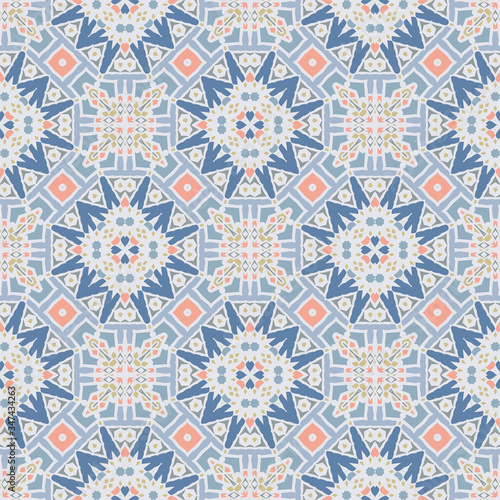 Style bright color seamless mandala pattern in blue for decoration, paper wallpaper, tiles, textiles, neckerchief, pillows. Home decor, interior design, cloth design.