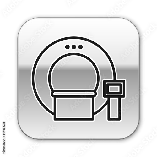 Black line Tomography icon isolated on white background. Medical scanner, radiation. Diagnosis, radiology, magnetic resonance therapy. Silver square button. Vector Illustration