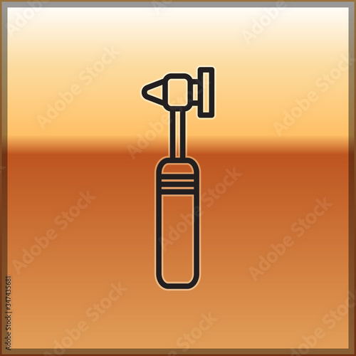 Black line Medical otoscope tool icon isolated on gold background. Medical instrument. Vector Illustration