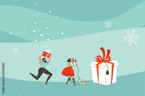 Hand drawn vector abstract fun Merry Christmas and Happy New Year time cartoon illustration greeting card with xmas people isolated on craft background