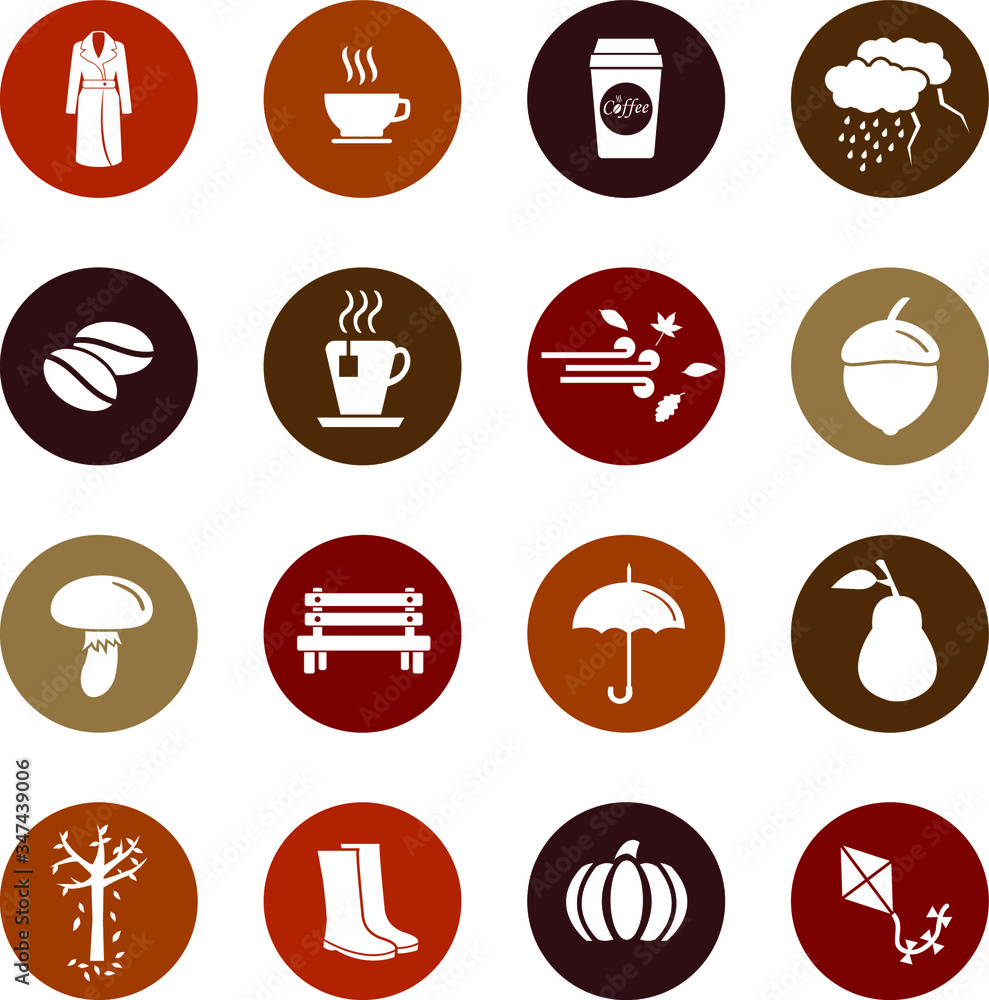 Autumn season vector icon set, contains icons such as leaf, acorn, wind, coat, boots and others Autumn season vector icon set, contains icons such as leaf, acorn, wind, coat, boots and others